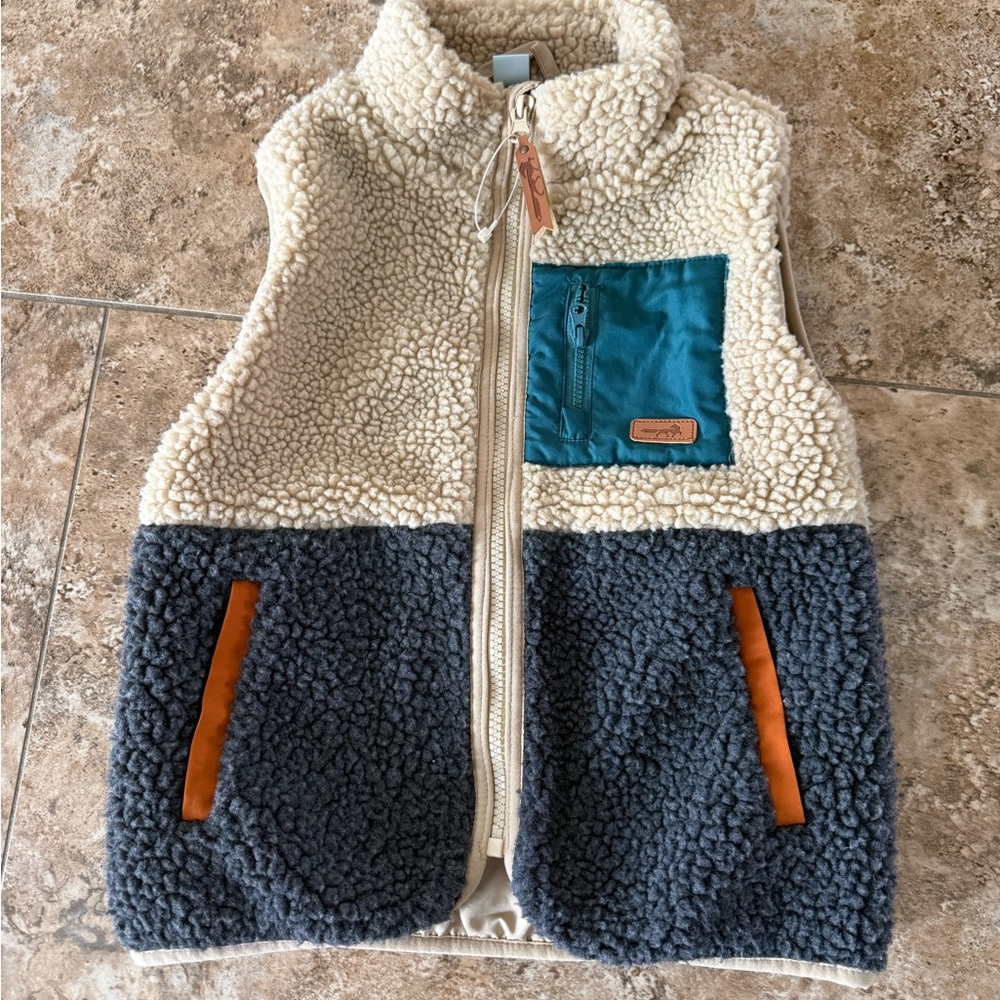 Class Club Cream, Dark Gray & Teal Sherpa Vest with Brown Accents